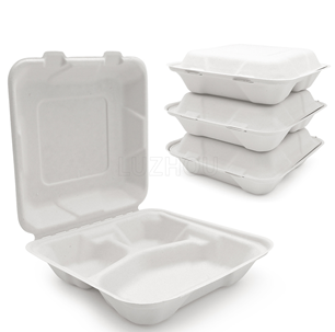 Ecozoe - 50 pcs - Disposable 8" 800ml & 1000ml 3-Compartment Clamshell, Bagasse, Biodegradable, Sustainable, Ecofriendly