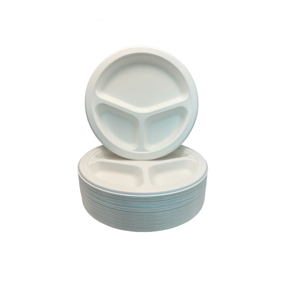 Ecozoe - 25 pcs - Disposable 3CP - 9" Round Rlates, Bagasse, Biodegradable, Sustainable, Ecofriendly