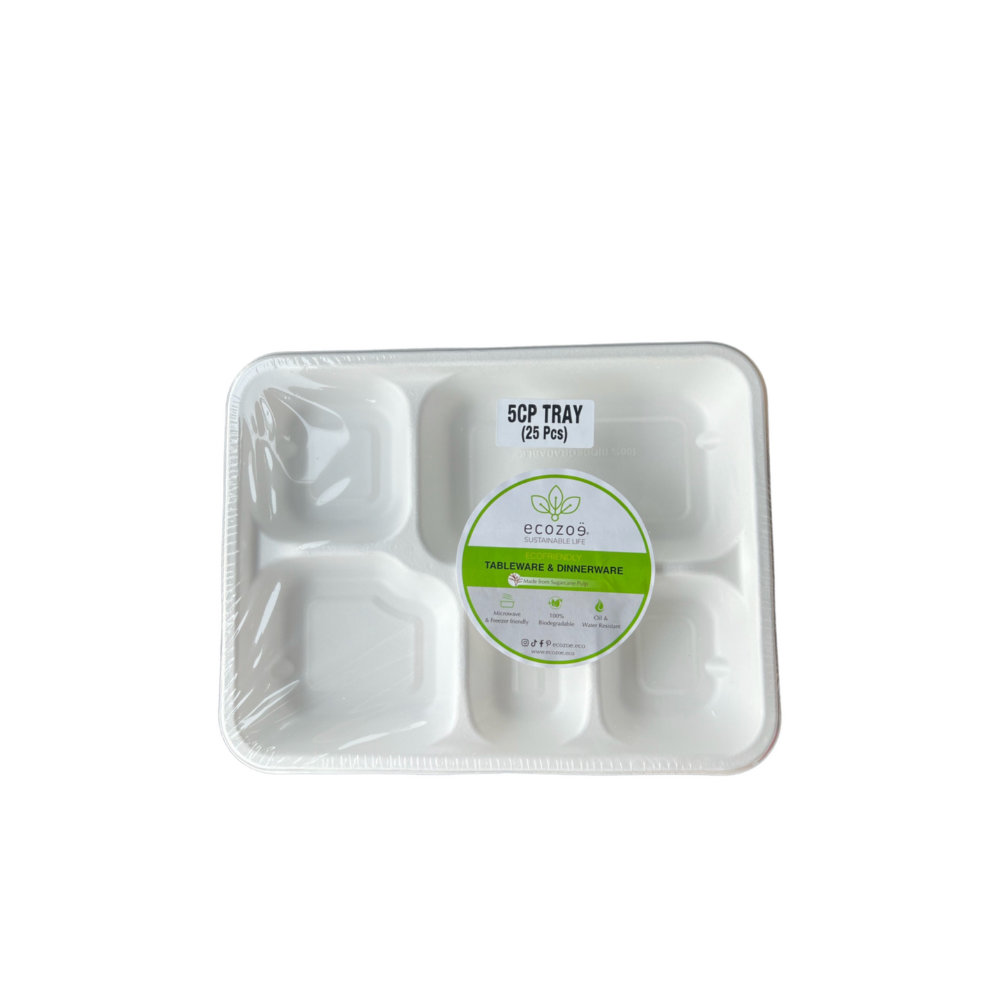 Ecozoe- 25 pcs - Meal trays - 5 CP , BAGASSE - extra deep - White . Biodegradable, sustainable, ecofriendly