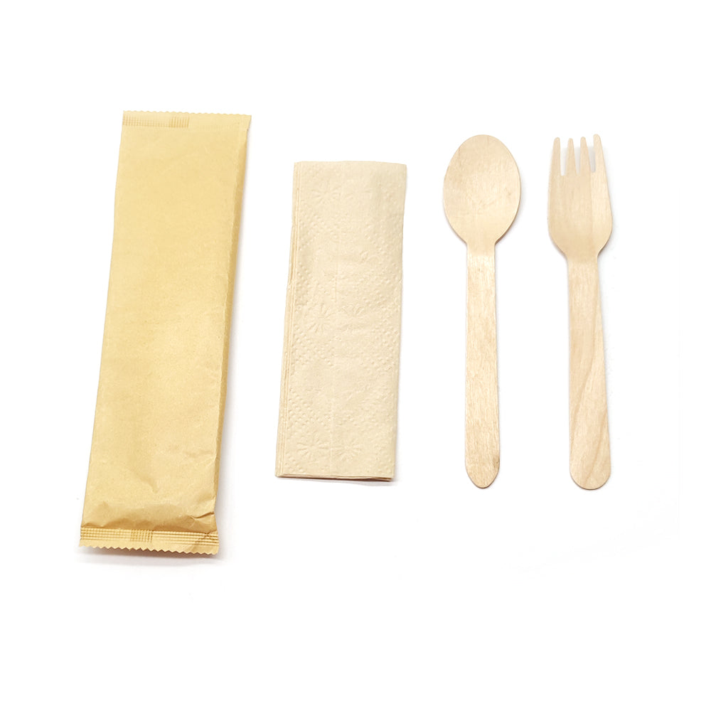 Ecozoe - 10 sets of Wooden Fork + Spoon + Napkin, Natural, biodegradable