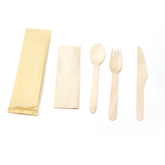 Ecozoe - 10 sets of Wooden Spoon + Fork + Knife + Napkin , Natural , Biodegradable