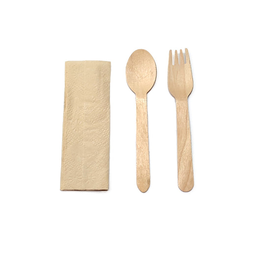 Ecozoe - 10 sets of Wooden Fork + Spoon + Napkin, Natural, biodegradable