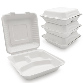 Ecozoe - 50 pcs - Disposable 9" 1300ml 3-Compartment Clamshell, Bagasse, Biodegradable, Sustainable, Ecofriendly